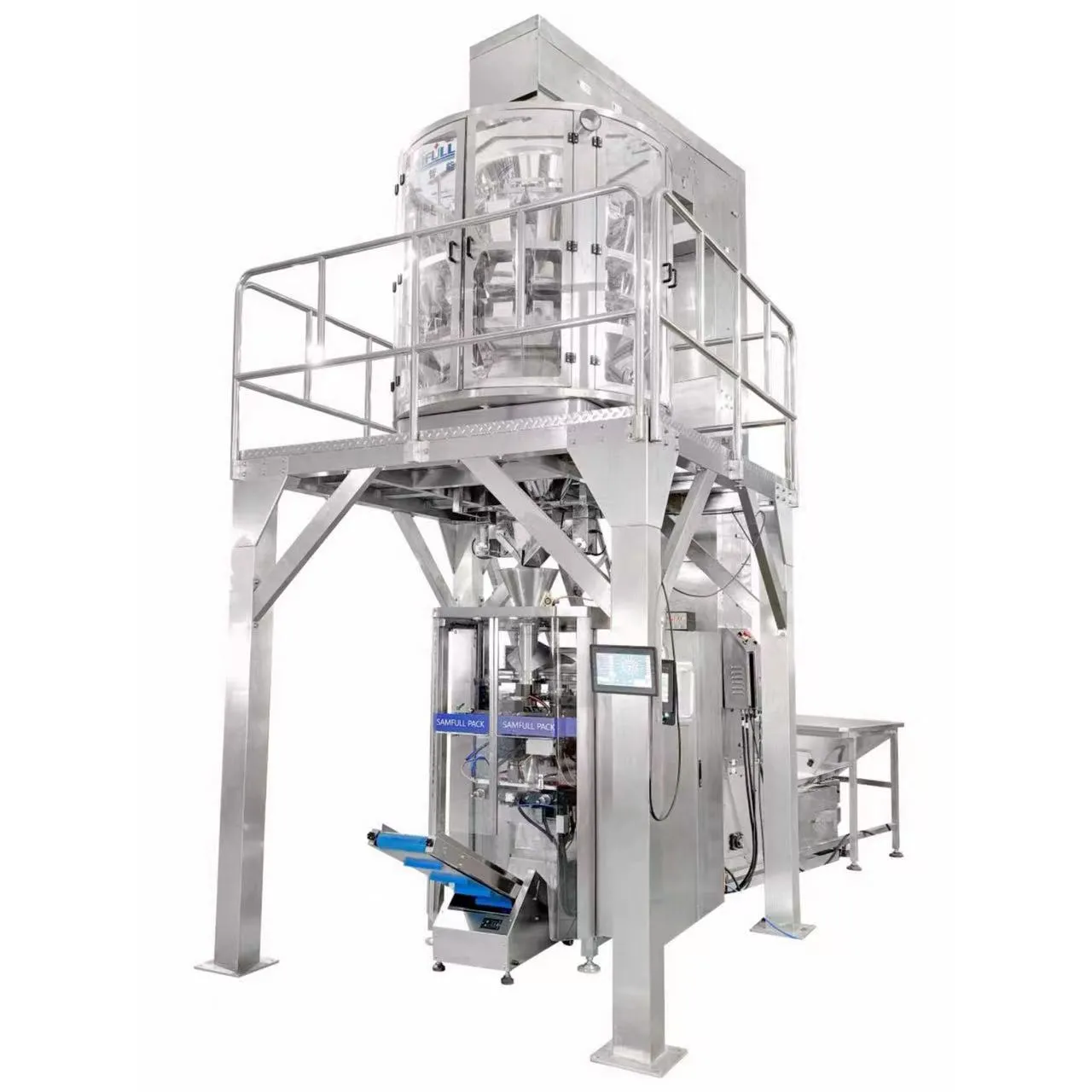 Left side view of high speed VFFS granule packing machine with multihead weigher system