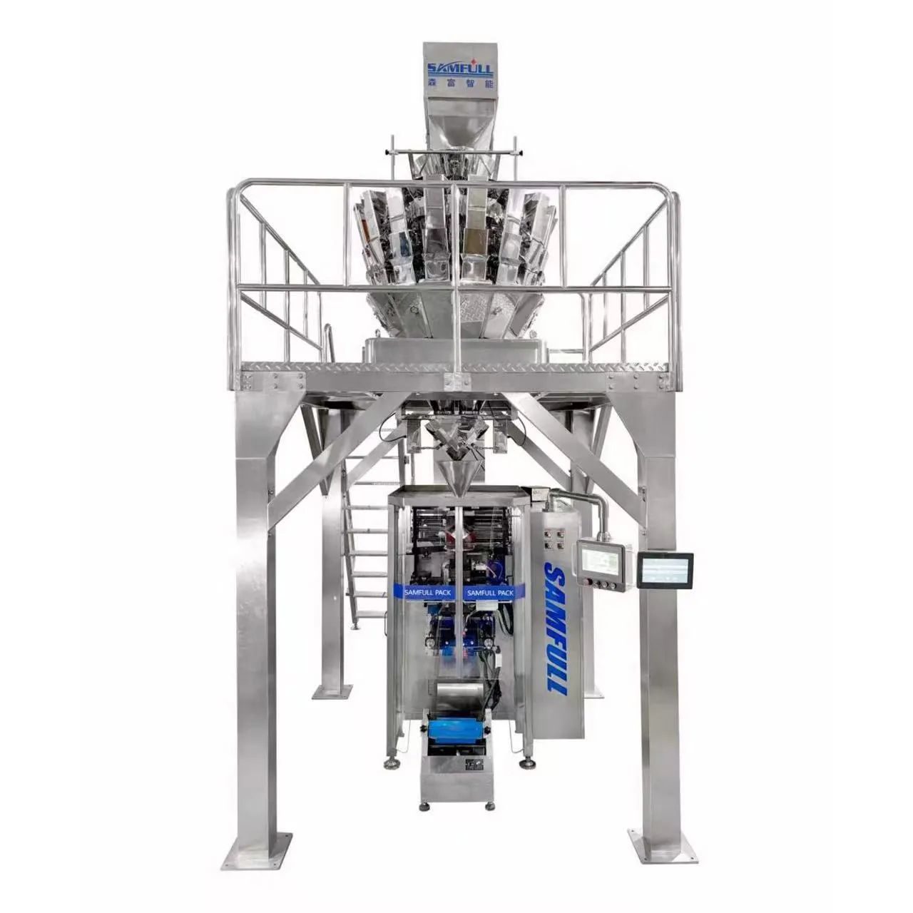 Front view of high speed multihead weigher VFFS candy granule packaging machine