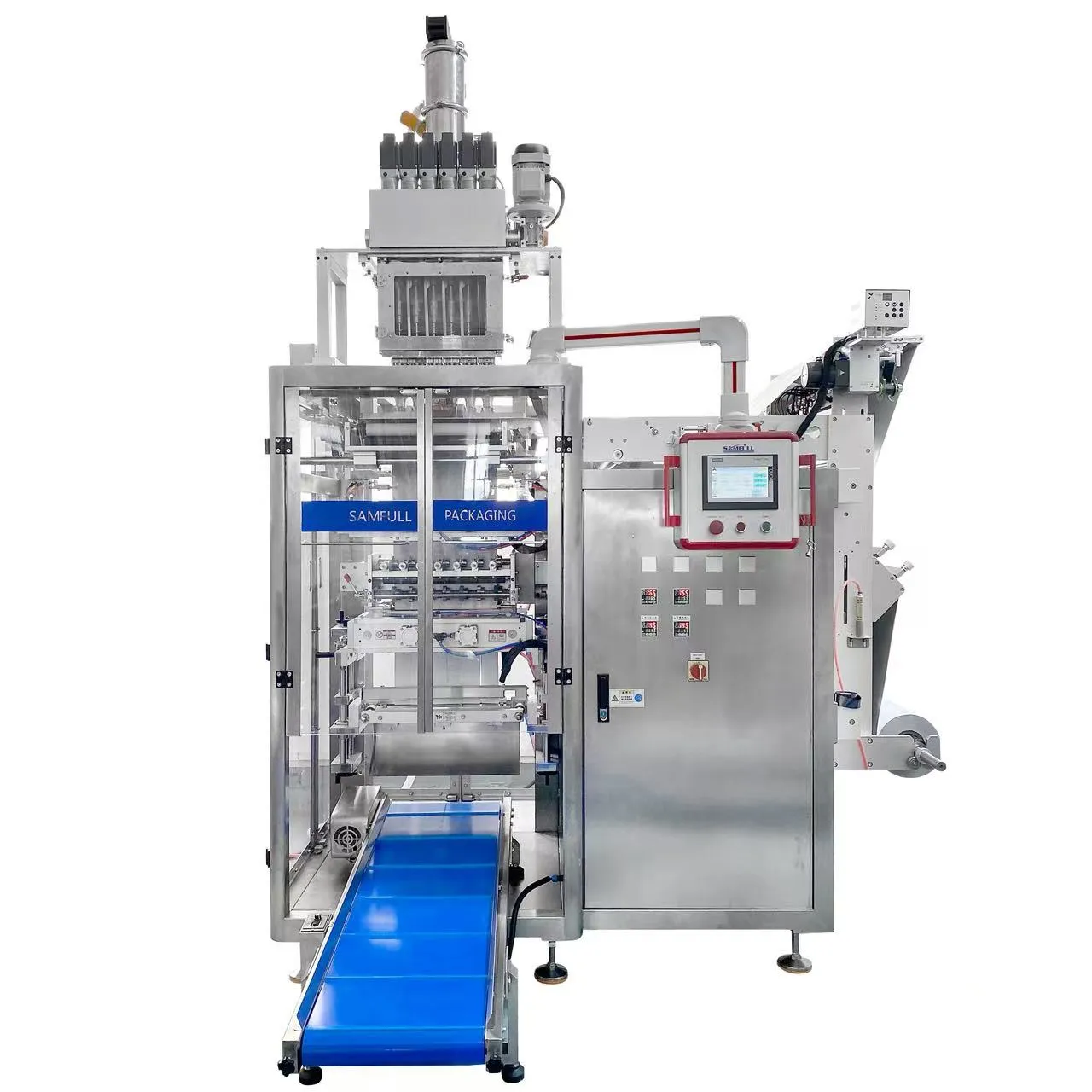 Stick pack sealing and cutting system for powder sachet packaging machine