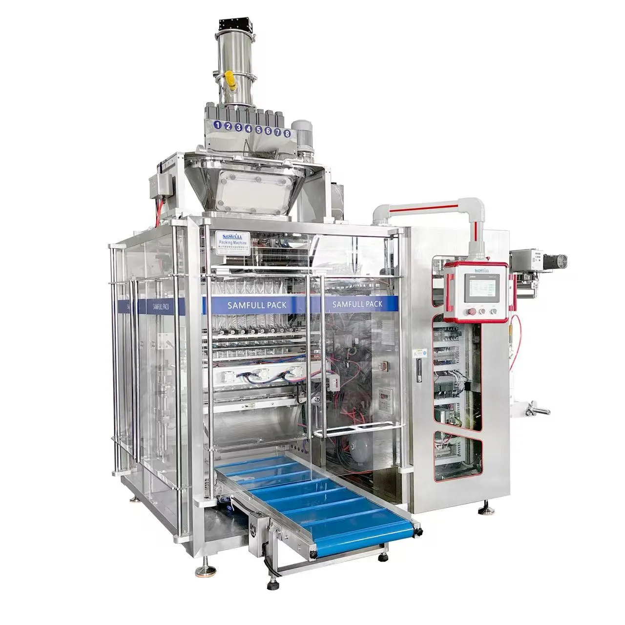 Finished powder sachet and stick packs produced by multi-lane packer