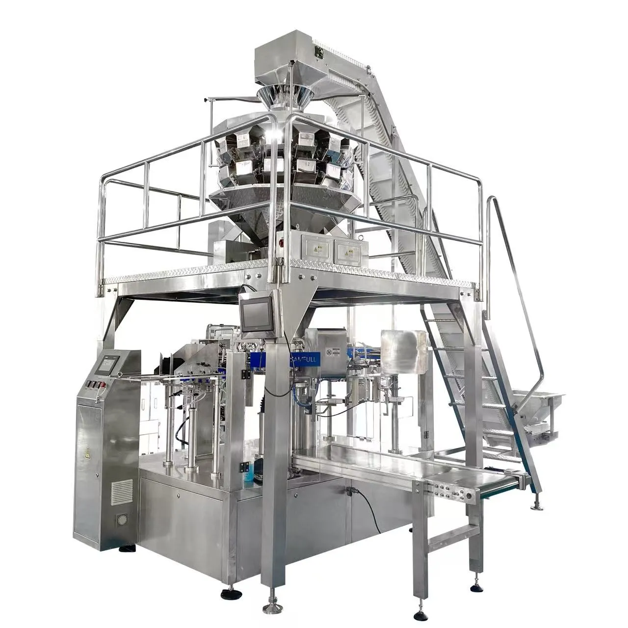 Rotary premade pouch machine with 10 head weigher