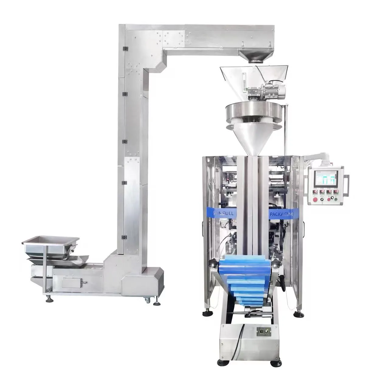 Finished stand-up pouches of rice and cereals packed by automatic VFFS machine