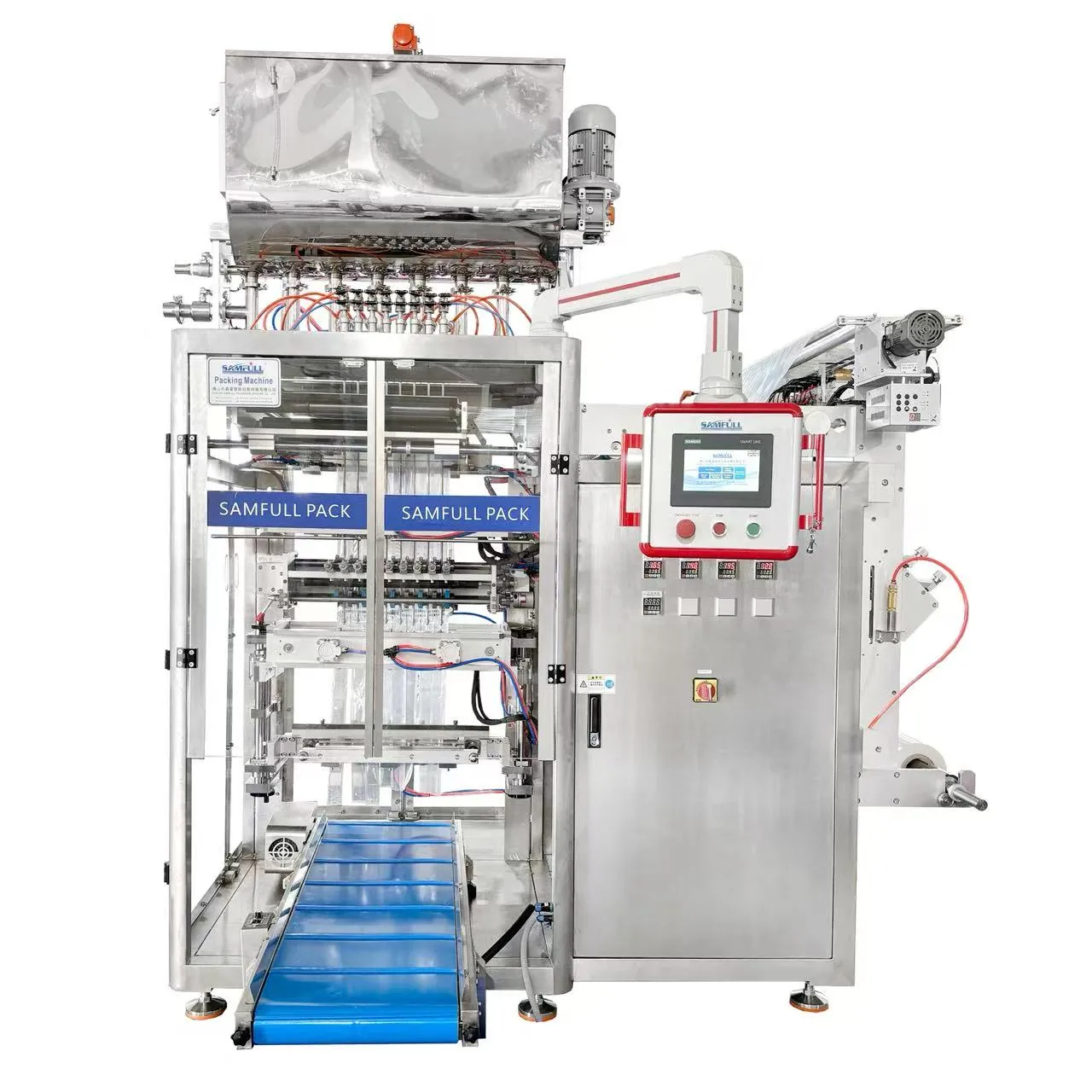 Liquid and paste filling system for sachet packaging