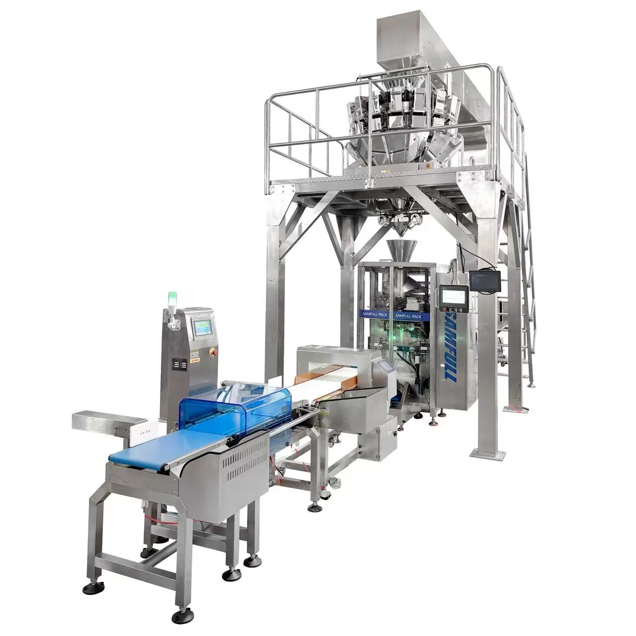 Finished popcorn snack bags from automated packaging line