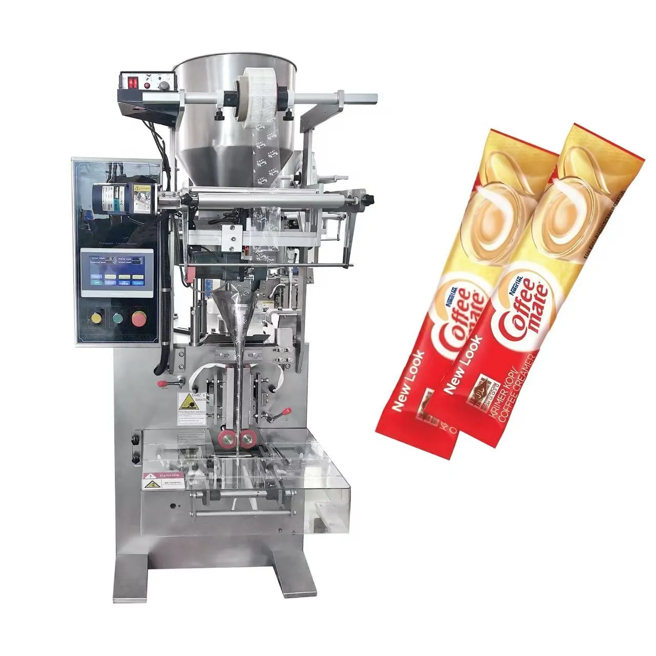 Finished sachets filled with 3-in-1 coffee powder