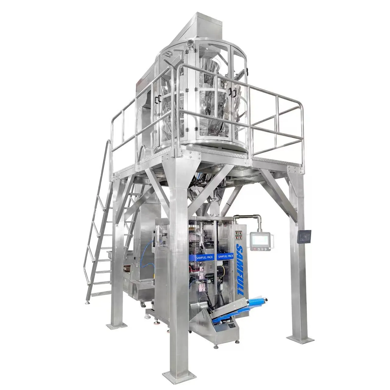 Industrial VFFS packaging machine with multihead weigher system