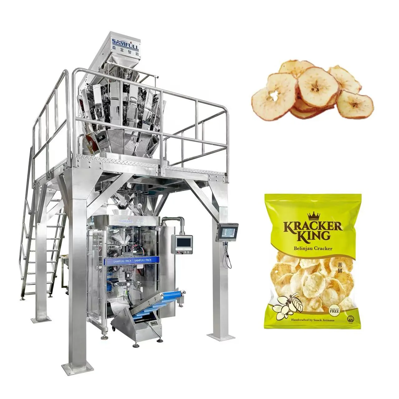 Snack food packaging system for apple chips and fruit snacks