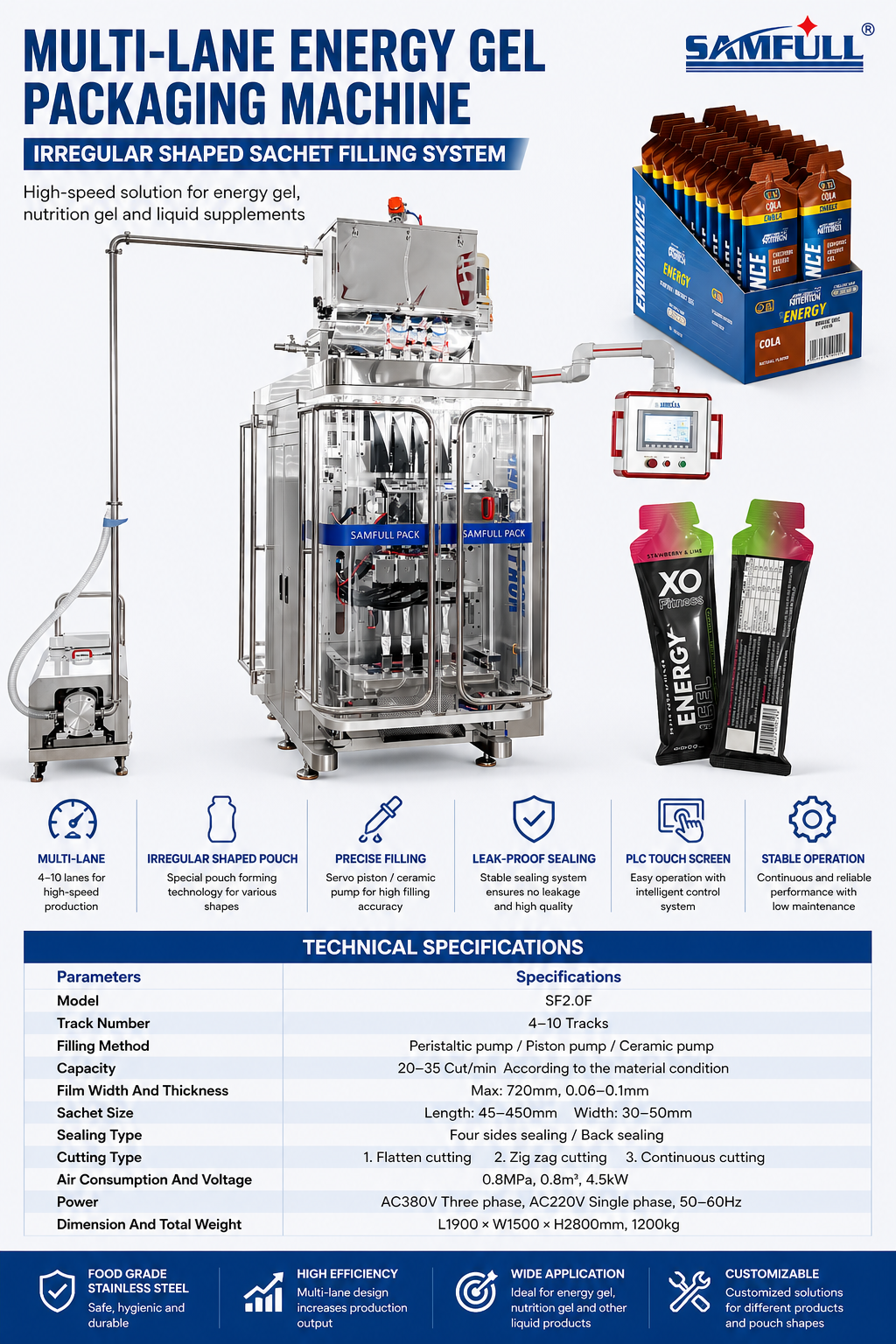 Multi Lane Energy Gel Packaging Machine Irregular Shaped Sachet Liquid Filling System